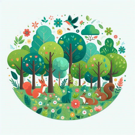 Cute forest with squirrels, flowers and birds. Vector illustration.のイラスト素材