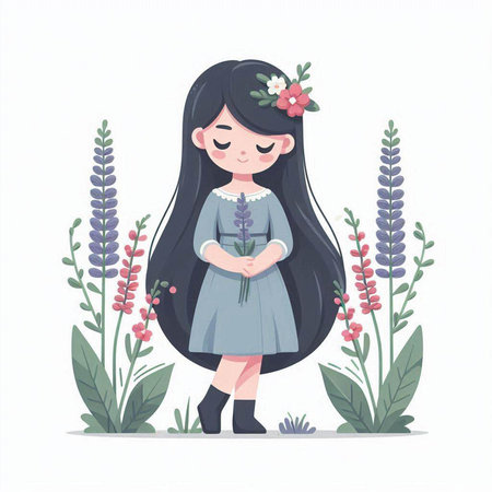 Cute little girl with lavender flowers in her hair. Vector illustration.のイラスト素材