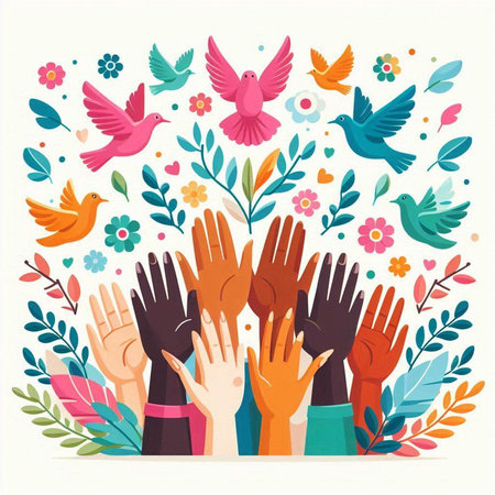 International Day of Peace, vector illustration in flat style with hands and flowers.のイラスト素材
