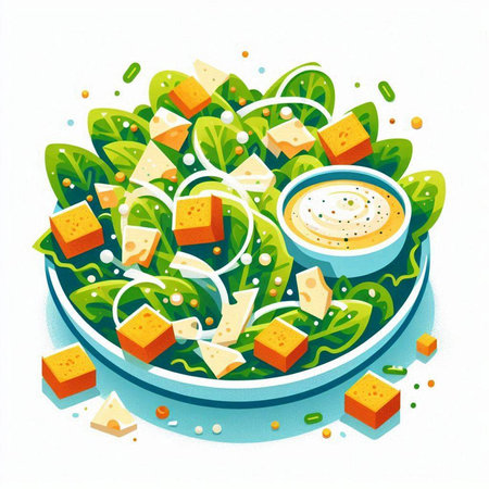 Healthy salad with cheese, herbs and sauce. Vector illustration.のイラスト素材
