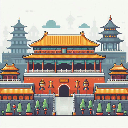 Vector illustration of chinese temple in flat style on white background.のイラスト素材