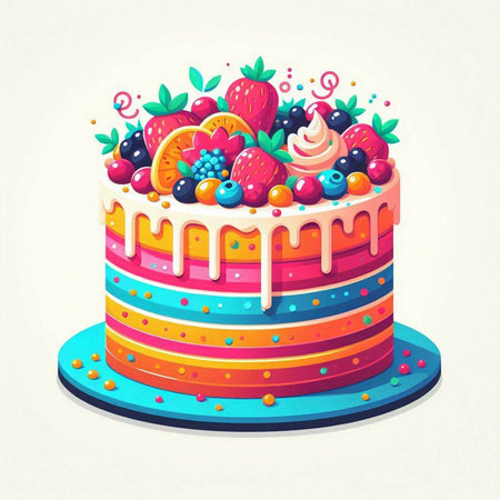 Birthday cake with fruits and berries. Vector illustration in cartoon style.のイラスト素材