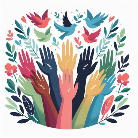 Human hands with flowers and birds. Hand drawn vector illustration. Colorful background.のイラスト素材