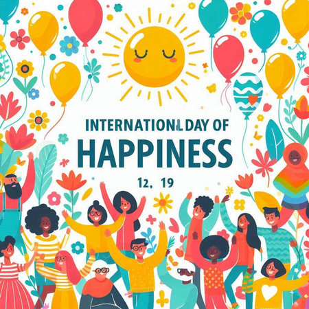 International Day of Happiness concept with happy people and balloons. Vector illustrationのイラスト素材