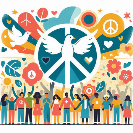 Peace symbol with people around. Peace and love concept. Vector illustration.のイラスト素材