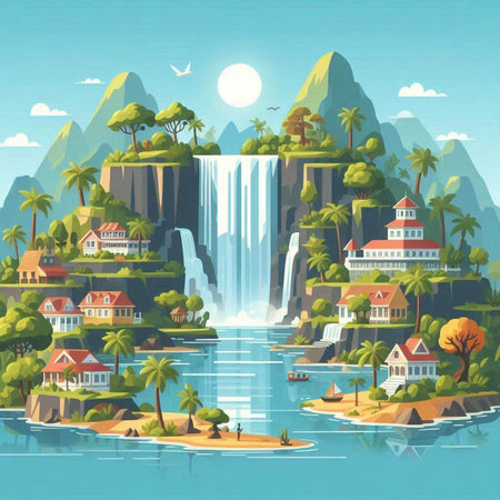 Waterfall in the tropical island. Vector illustration of a cartoon style.のイラスト素材