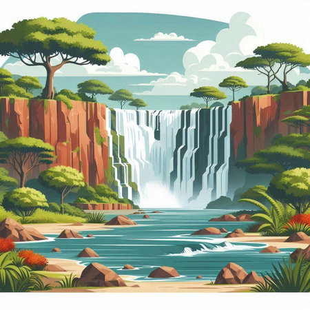 Waterfall on the river. Vector illustration of a cartoon landscape.のイラスト素材