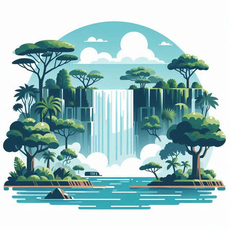 Waterfall in the tropics. Vector illustration in flat style.のイラスト素材