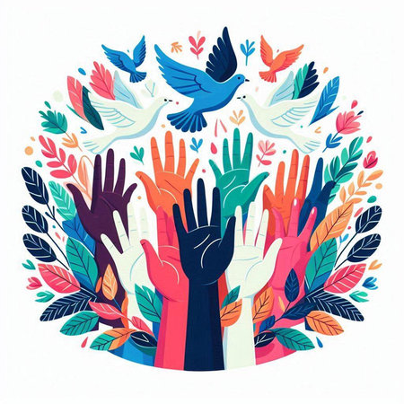 Hands of different colors with pigeons and flowers. Vector illustration.のイラスト素材