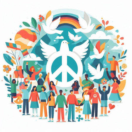 International day of peace concept with people around peace symbol. Vector illustrationのイラスト素材
