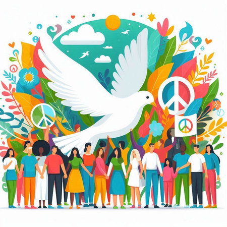 International Day of Peace concept with people and peace symbols. Vector illustrationのイラスト素材
