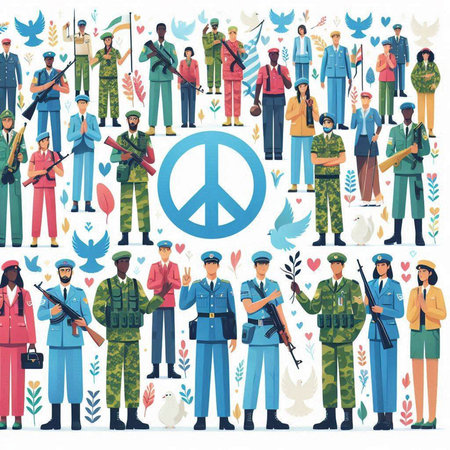 Set of men and women in military uniform with peace sign. Vector illustrationのイラスト素材