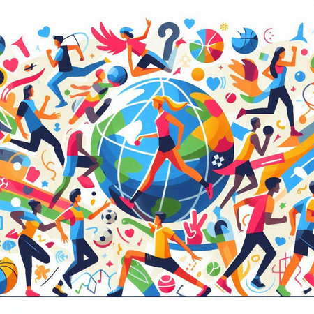 Vector illustration of people running around the globe. Concept of healthy lifestyle.のイラスト素材