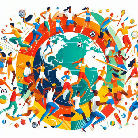 Group of people playing tennis and tennis on the globe. Vector illustration.のイラスト素材