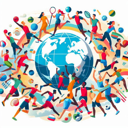 Vector illustration of a group of young people playing soccer, football, basketball, tennis, volleyball, tennis, tennis, badminton.のイラスト素材