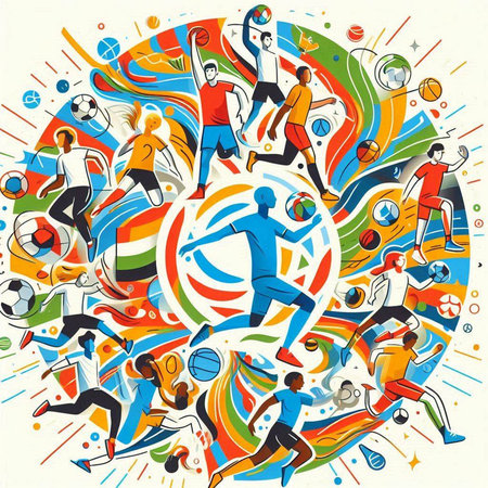 Vector illustration of a group of people playing soccer, football, basketball, baseball, tennis, rugby, tennis, volleyball.のイラスト素材