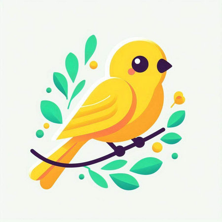 Cute yellow bird on a branch with leaves. Vector illustration.のイラスト素材