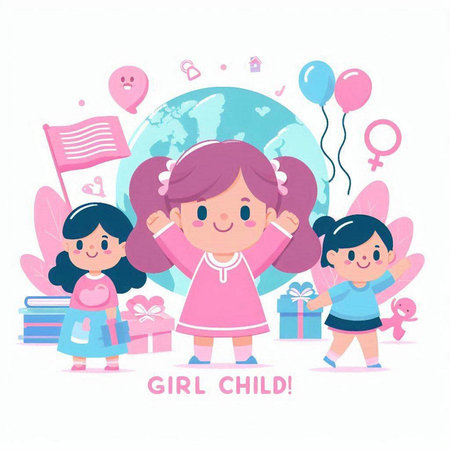 Girl with gift box and world map. Vector illustration in cartoon style.のイラスト素材