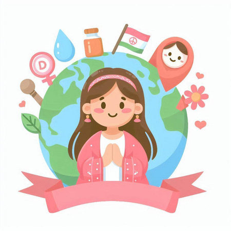 Cute girl with world map vector illustration. World Health Day.のイラスト素材