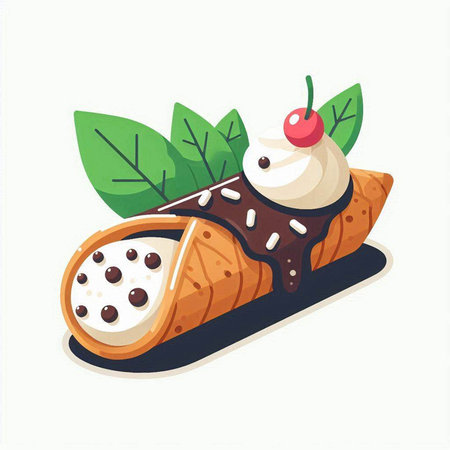 Cake with ice cream and cherry on top. Vector illustration.のイラスト素材