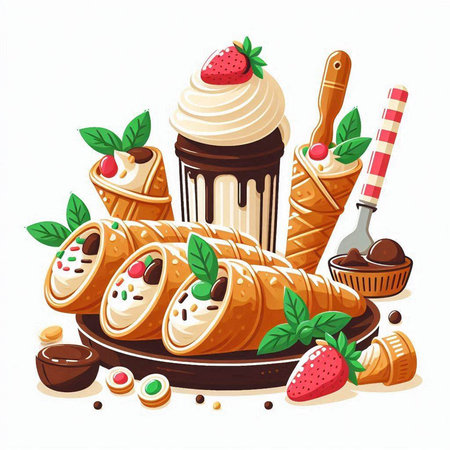 Vector illustration of a set of sweet pastry with cream, chocolate and strawberriesのイラスト素材