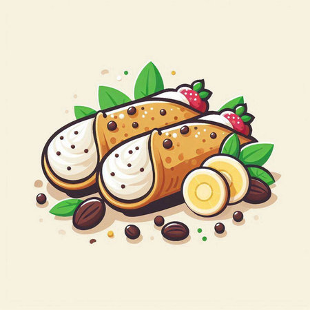 Vector illustration of a sweet roll with cream cheese, strawberries and coffee beansのイラスト素材