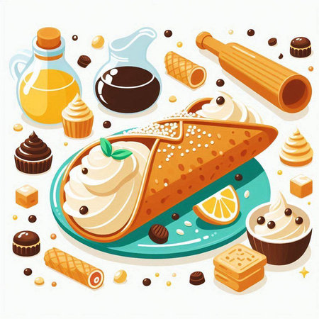 Vector illustration of sweet pie with cream, chocolate and caramel on a white backgroundのイラスト素材