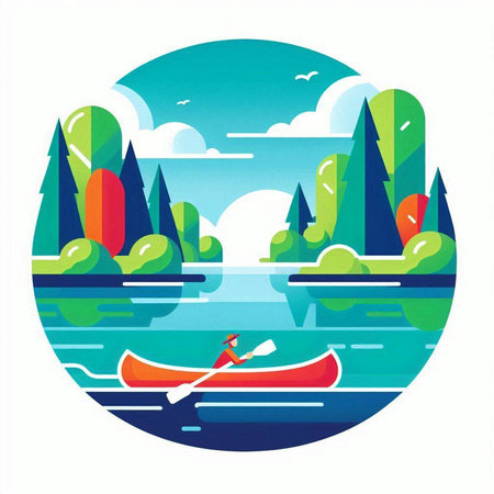 Summer landscape with a kayak on the lake. Vector illustration.のイラスト素材