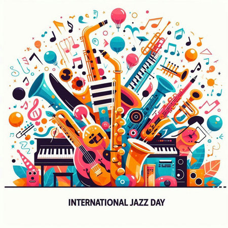 International Jazz Day poster with musical instruments and notes. Vector illustration.のイラスト素材