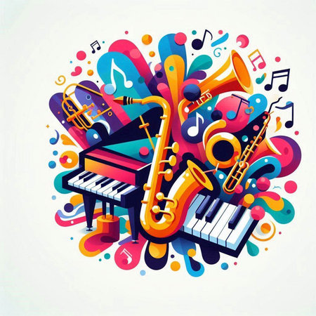 Colorful musical background with saxophone and piano. Vector illustration.のイラスト素材