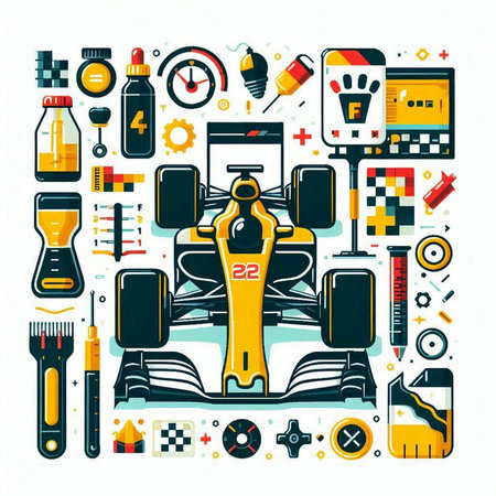 Vector illustration of racing equipment in flat style. Colorful background for your design.のイラスト素材