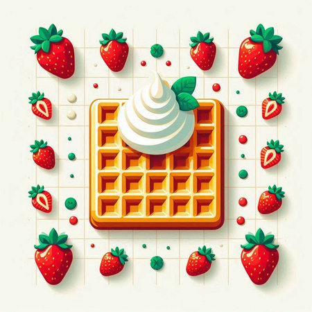 Vector illustration of waffles with whipped cream, strawberries and mint.のイラスト素材