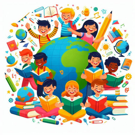 Happy children reading books around the globe. Vector illustration in cartoon styleのイラスト素材