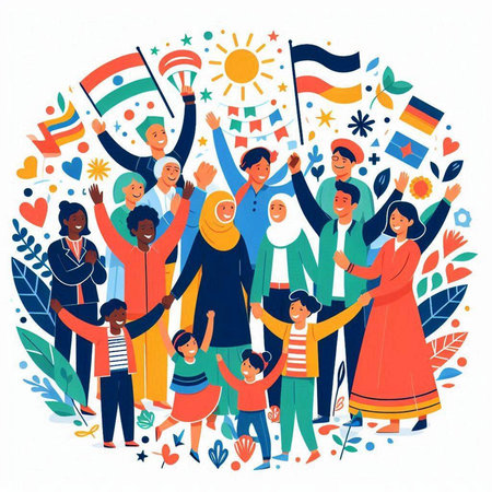 Happy International Day of Families. Group of Parents and children with flags. Vector illustration.のイラスト素材