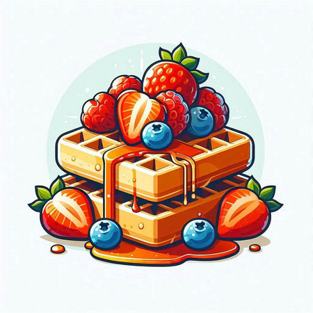 Vector illustration of waffles with berries, strawberries, blueberries and honey.のイラスト素材