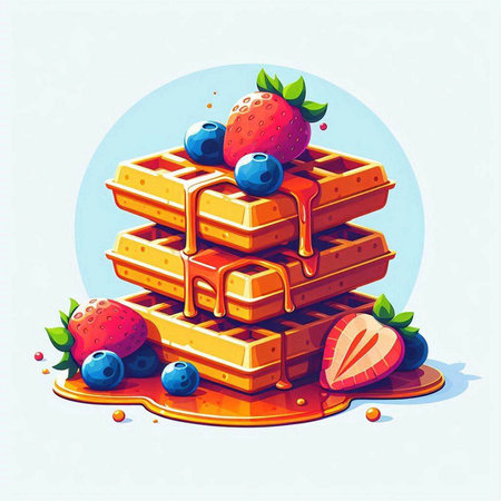 Vector illustration of a stack of waffles with strawberries and blueberriesのイラスト素材