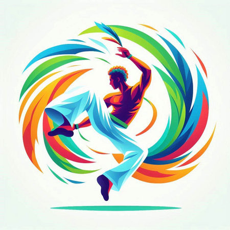 illustration of a young man dancing in front of colorful abstract backgroundのイラスト素材