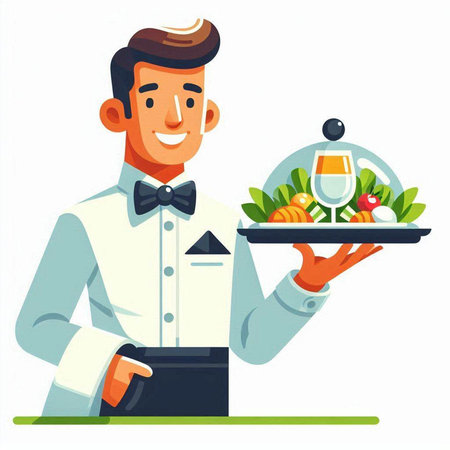 Waiter holding a tray with fresh vegetables. Vector illustration in cartoon styleのイラスト素材