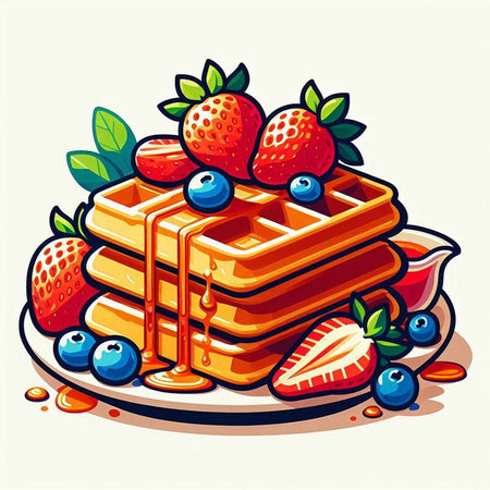 Belgian waffles with fresh berries and honey. Vector illustration.のイラスト素材