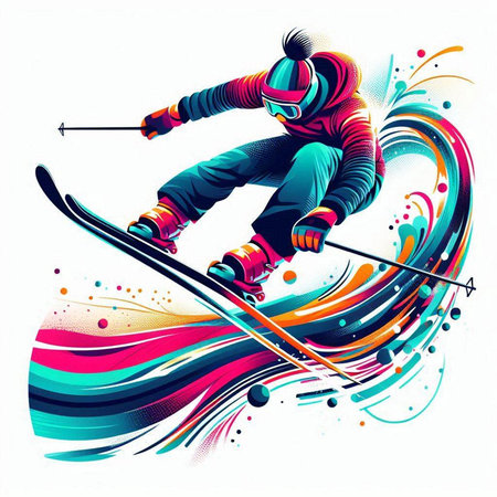Vector illustration of skier jumping on a colorful background with splashesのイラスト素材