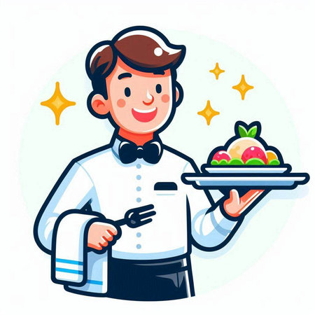 Waiter holding a tray with fruits and vegetables. Vector illustration.のイラスト素材