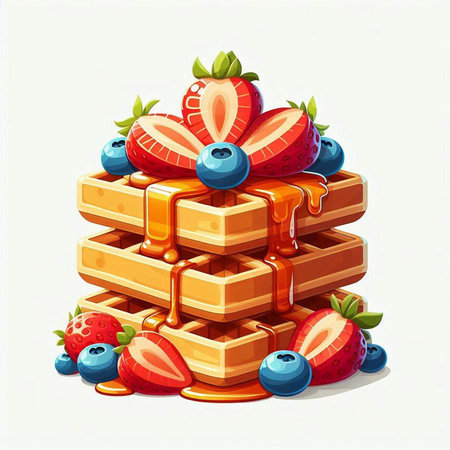 Illustration of a stack of waffles with strawberries and blueberriesのイラスト素材