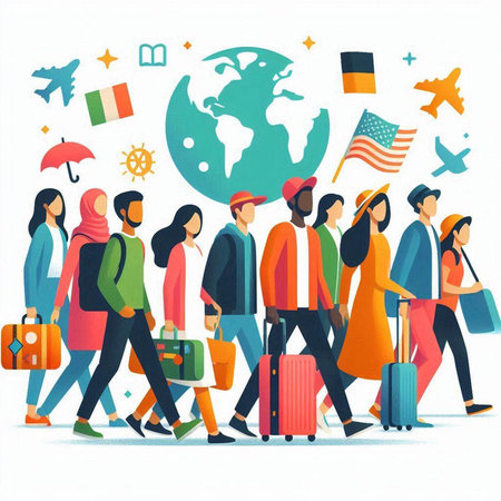 Traveling people vector illustration. Group of people with luggage walking around the world.のイラスト素材