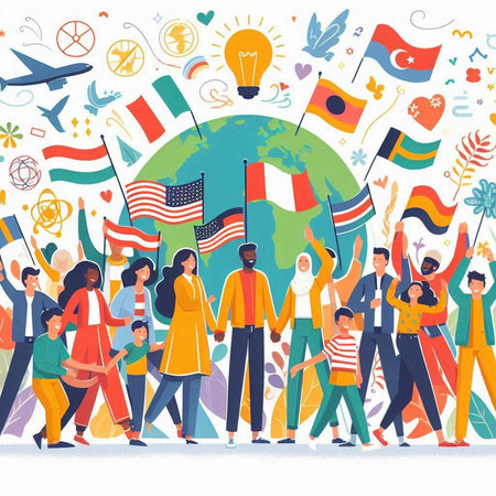 Group of people with flags and symbols of the world. Vector illustration.のイラスト素材