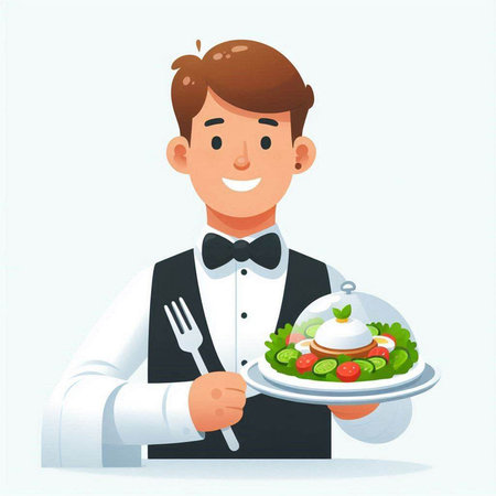 Waiter holding a plate with food. Vector illustration in cartoon styleのイラスト素材