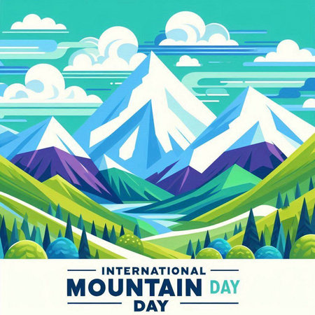 International Mountain Day vector greeting card with mountains and clouds in flat style.のイラスト素材