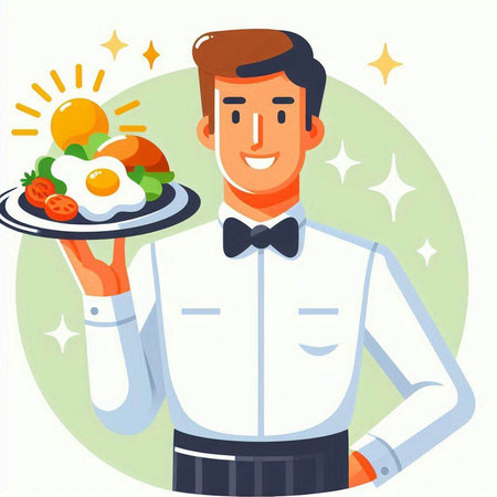 Vector illustration of a waiter holding a plate with fried eggs and vegetablesのイラスト素材