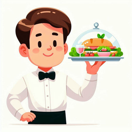 Waiter holding a tray with food. Vector illustration in cartoon style.のイラスト素材