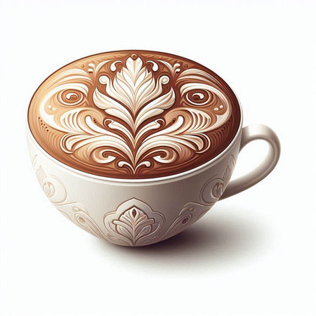 Cup of coffee with latte art on a white background.のイラスト素材