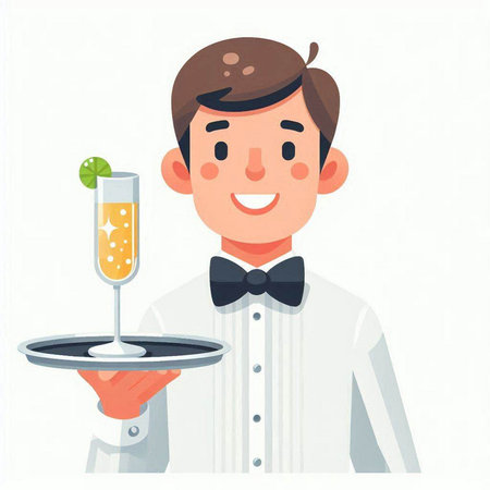 Waiter holding a tray with a cocktail. Vector illustration in cartoon styleのイラスト素材